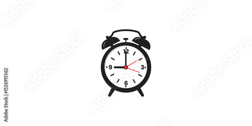 black and white illustration of a classic alarm clock with hands pointing to the time, symbolizing time management, deadlines, and wake-up calls.