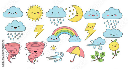 Whimsical weather icons with smiling clouds, sun, moon, and rainbow vector illustration