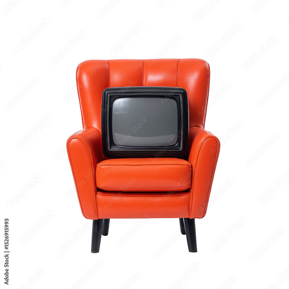 Obraz premium Retro television sits on vibrant orange armchair, creating nostalgic and stylish contrast. vintage TV and modern chair evoke sense of timeless design