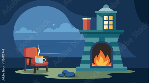 The cozy fireplace in the corner of the lighthouse inn is the perfect spot for a freelancer to curl up with a book and a cup of tea.. Vector illustration
