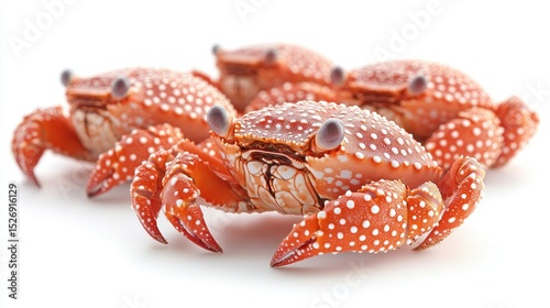 Three small, speckled, orange crabs on white background