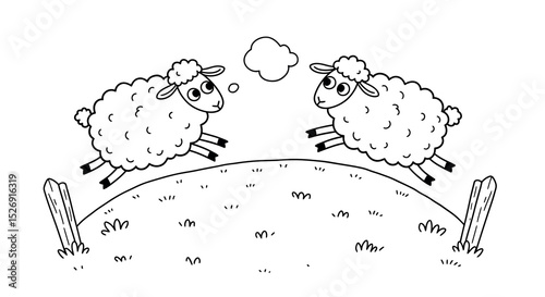 Cartoon sheep jumping over hill with dream bubble vector illustration