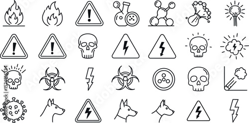 Collection of linear safety and warning icons with hazard symbols vector illustration