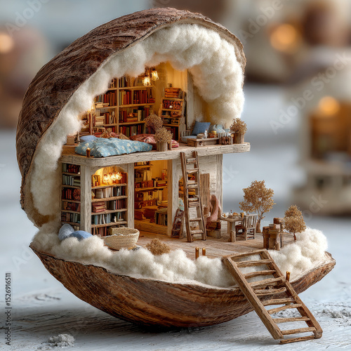 Pastel-colored micro library inside walnut shell with books, cushions and ladders, detailed wood textures and dreamy soft light Generative AI