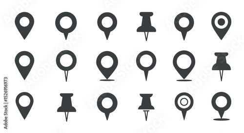Set of geolocation and pin icons in black silhouettes on white background vector illustration