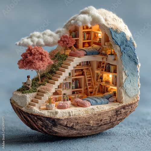 Pastel-colored micro library inside walnut shell with books, cushions and ladders, detailed wood textures and dreamy soft light Generative AI