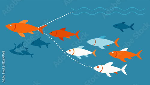 Along the coast of a certain continent there is a series of small crossed out fish symbols representing overfishing and the depletion of a vital food source for coastal. Vector illustration