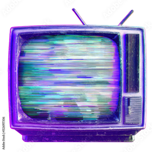 Vintage Television with Glitch Effect and Colorful Distortion Background