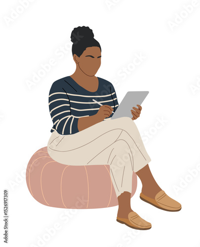 Vector illustration of curvy African American woman sitting on pouf, using digital tablet with stylus. Plus size female artist or freelancer, casual and relaxed, isolated 