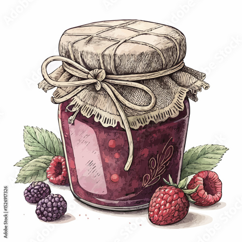 Vintage illustration of raspberry jam in a glass jar for a rustic breakfast treat.