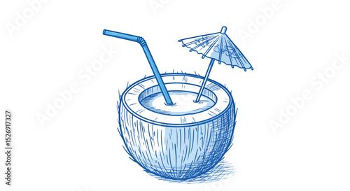 Sketch of coconut drink with straw and umbrella vector illustration
