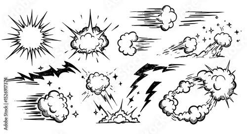 Hand-drawn comic explosion and lightning elements in black and white vector illustration