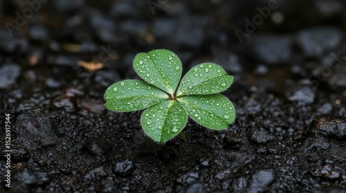 Tiny, vibrant sprout with water droplets, emerging from dark soil