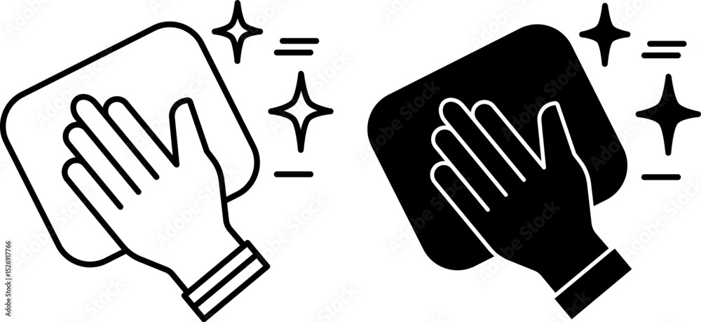 Fototapeta premium Clean Icons. Black and White Vector Illustration. House Cleaning. Human Hand Wiping Dust With Rag. Hygiene Concept