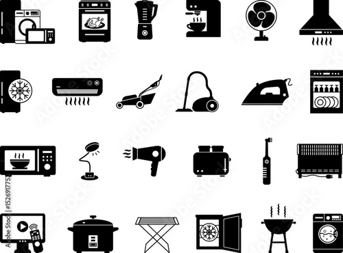 Black Set Of Home Appliances. Vector Illustrations Refrigerator, Washing Machine, Oven, Vacuum Cleaner, Microwave Oven, Toaster, Iron, Air Conditioner, Lawn Mower, Coffee Maker, And Others