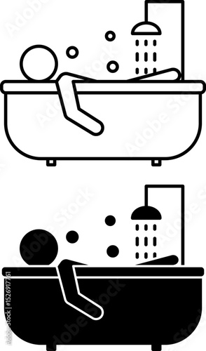 Bathing Icons. Black and White Vector Illustration. Man Taking a Bath. Water Flowing and Soap Bubbles Flying. Hygiene Concept