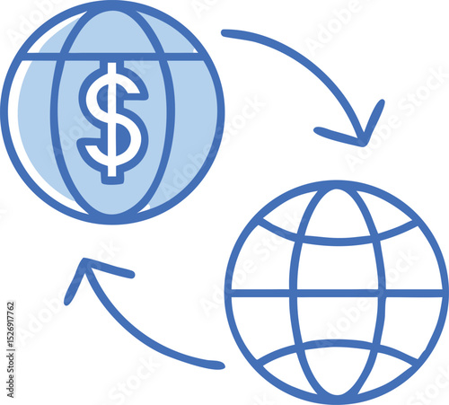 A simple icon of a globe with two arrows circling it, one with a dollar sign and one with a euro sign, vector illustration.