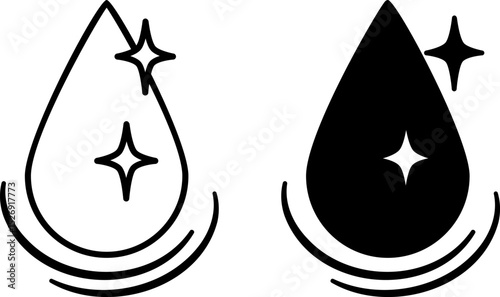 Clean Water Icons. Black and White Vector Illustrations. Distilled Drinking Water. Drop, Liquid. Hygiene Concept