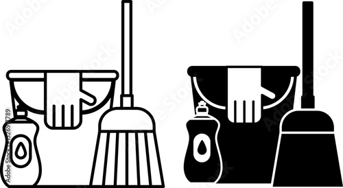 Cleaning Icons. Black and White Vector Illustrations. Bucket, Broom, Rubber Glove, and Detergent. Cleanliness in the House. Hygiene Concept