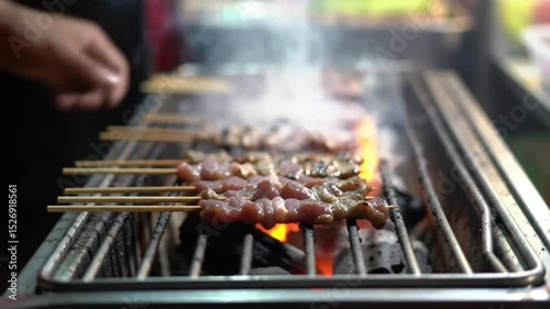 Delicious Grilled Satay Skewers Street Food Charcoal Cooking