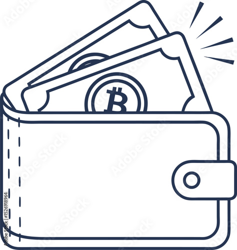 A simple icon of a wallet with a digital currency symbol (like a stylized B for Bitcoin) emerging, flat design.