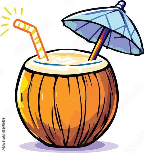 Refreshing tropical coconut cocktail decorated with umbrella and drinking straw for relaxation.