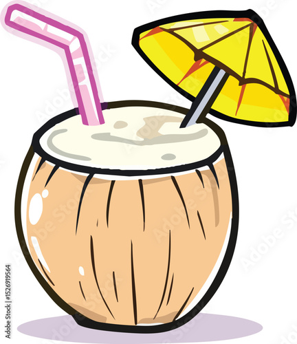Tropical coconut cocktail drink with umbrella and straw for summer holiday relaxation.