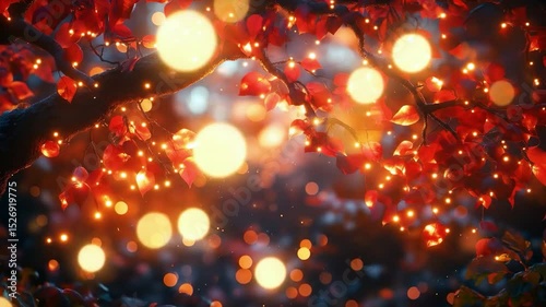 Golden Luminescence: Enchanting close-up of radiant fairy lights illuminating vibrant red foliage, casting a warm glow and evoking a sense of ethereal beauty.