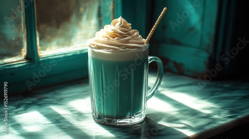 Turquoise drink with whipped cream on windowsill