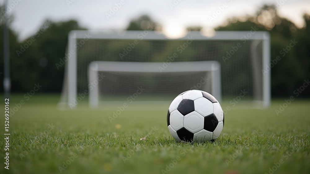 Obraz premium A soccer ball rests on lush green grass before a blurred goalpost.