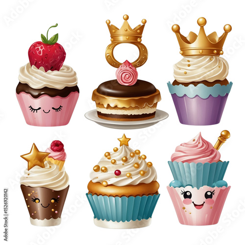 Set of six luxurious cupcakes with golden crowns, pearls, cute faces, and whipped frosting. Different styles and colors, elegant dessert illustration on a white background.