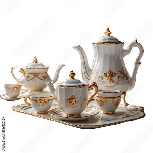 Vector illustration of a full luxury tea set with multiple porcelain teapots, cups and a tray, decorated in gold. High-detail elegant vector design with white background and refined accents.