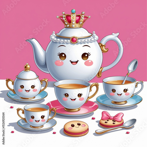 Vector illustration of kawaii tea set with teapot, teacup, sugar bowl and cookie, all with cute faces and crown details. Elegant cartoon set on white background for sweet-themed designs.