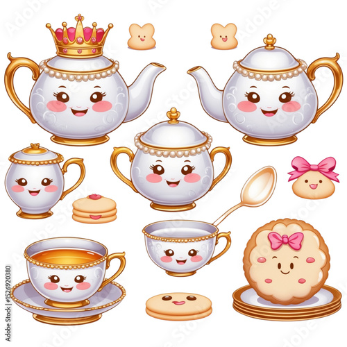 Vector illustration of kawaii tea set with teapot, teacup, sugar bowl and cookie, all with cute faces and crown details. Elegant cartoon set on white background for sweet-themed designs.