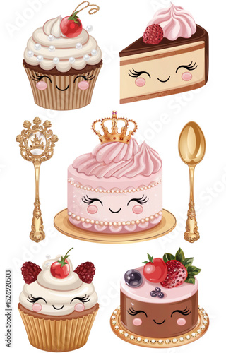 Vector set of kawaii cakes and cupcakes with crowns, spoons, cute faces and berries. Elegant dessert collection in luxury style on white background, perfect for kids and sweet-themed designs.