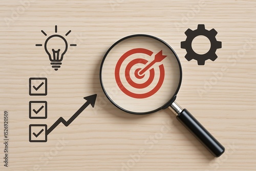 Exploring Goal Setting and Achievement Concepts Illustrated with a Target and Symbolic Icons on a Wooden Table Surface