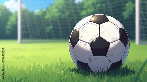 A solitary soccer ball rests on a verdant grass field, with a blurred goalpost in the background.
