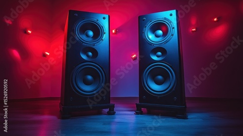 Two black speakers illuminated by vibrant red and blue lights