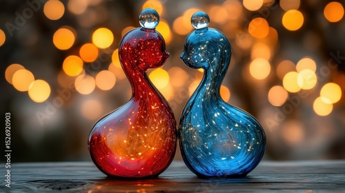 Two colorful glass birds facing each other against a bokeh background