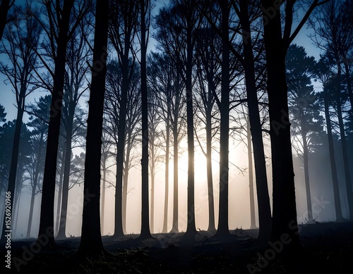 Misty forest at sunrise