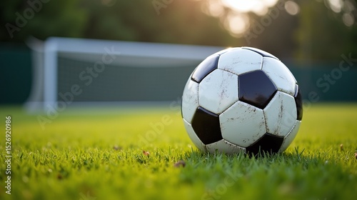 A soccer ball rests on a grass field, with a blurred goalpost in the background.