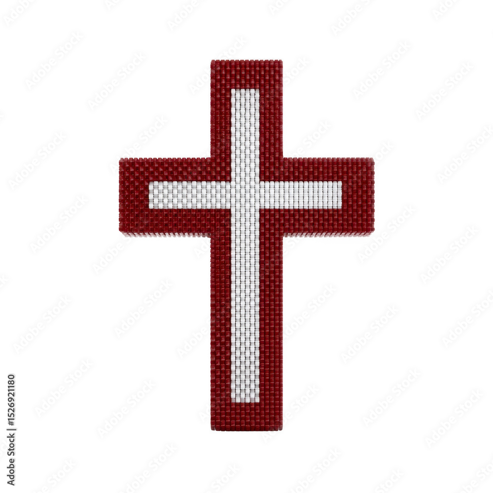 Obraz premium Red and white beaded cross with textured surface, symbolizing faith and spirituality, is displayed against plain background. intricate beadwork adds handcrafted touch