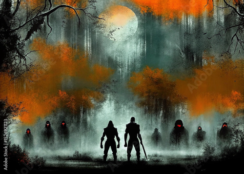 , flanked by trees with vibrant red and orange autumn foliage. The scene is illuminated by glowing streetlights, creating reflections on the slick ground and a sense of peaceful melancholy amidst the 