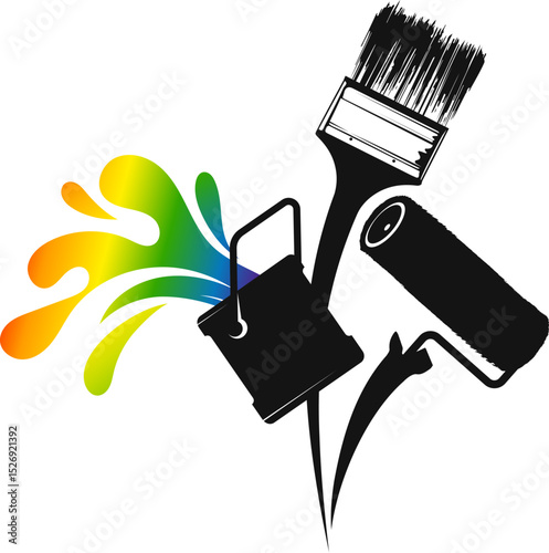 Paint brush and roller, bucket with colored paint. Design for painting and painter