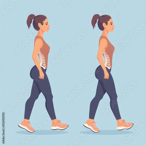 Walking position. Best worst posture for walk vector illustration. Right and wrong physical anatomy spine position showed on outline woman character. Figure with incorrect and correct backbone bent