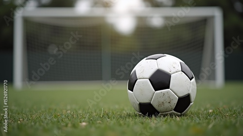 A soccer ball rests on grass in front of a blurred goalpost.