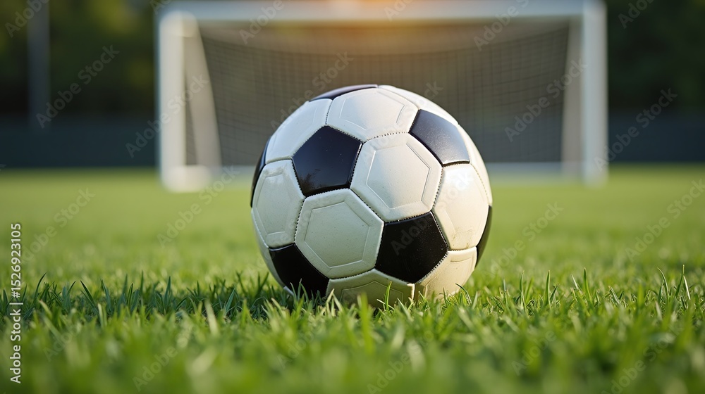 Fototapeta premium A black and white soccer ball on a lush green field with a blurred goalpost in the background.