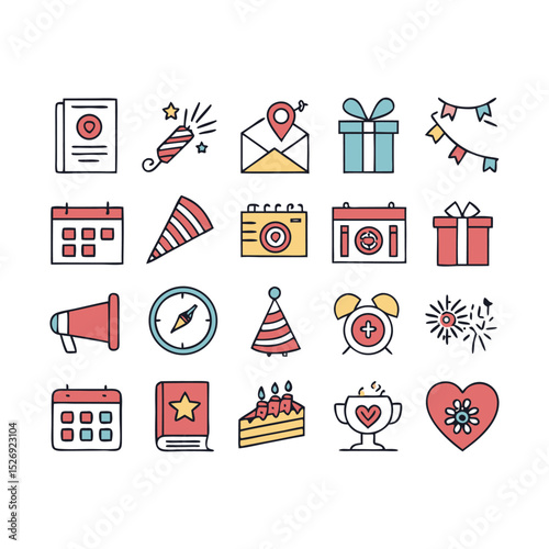 Party and Celebration Line Icons – Colorful Vector Collection Featuring Balloons, Cakes, Gifts, Fireworks, and Event Planning Tools