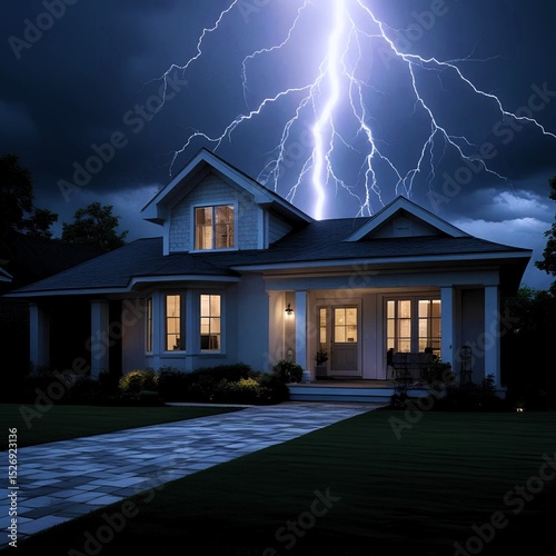 a modern home sitting at night during a thunderstorm. Lightning strikes in the dark sky, lighting up the sky with bright light and adding to the dramatic atmosphere