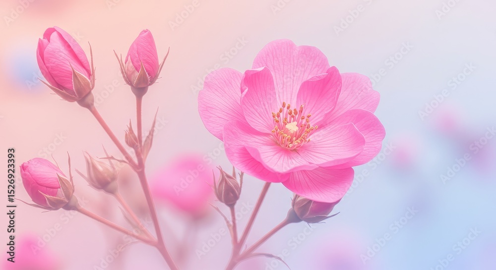 Fototapeta premium Delicate Pink Rose Blossom - A single pink rose in full bloom, surrounded by unopened buds, set against a soft pastel background